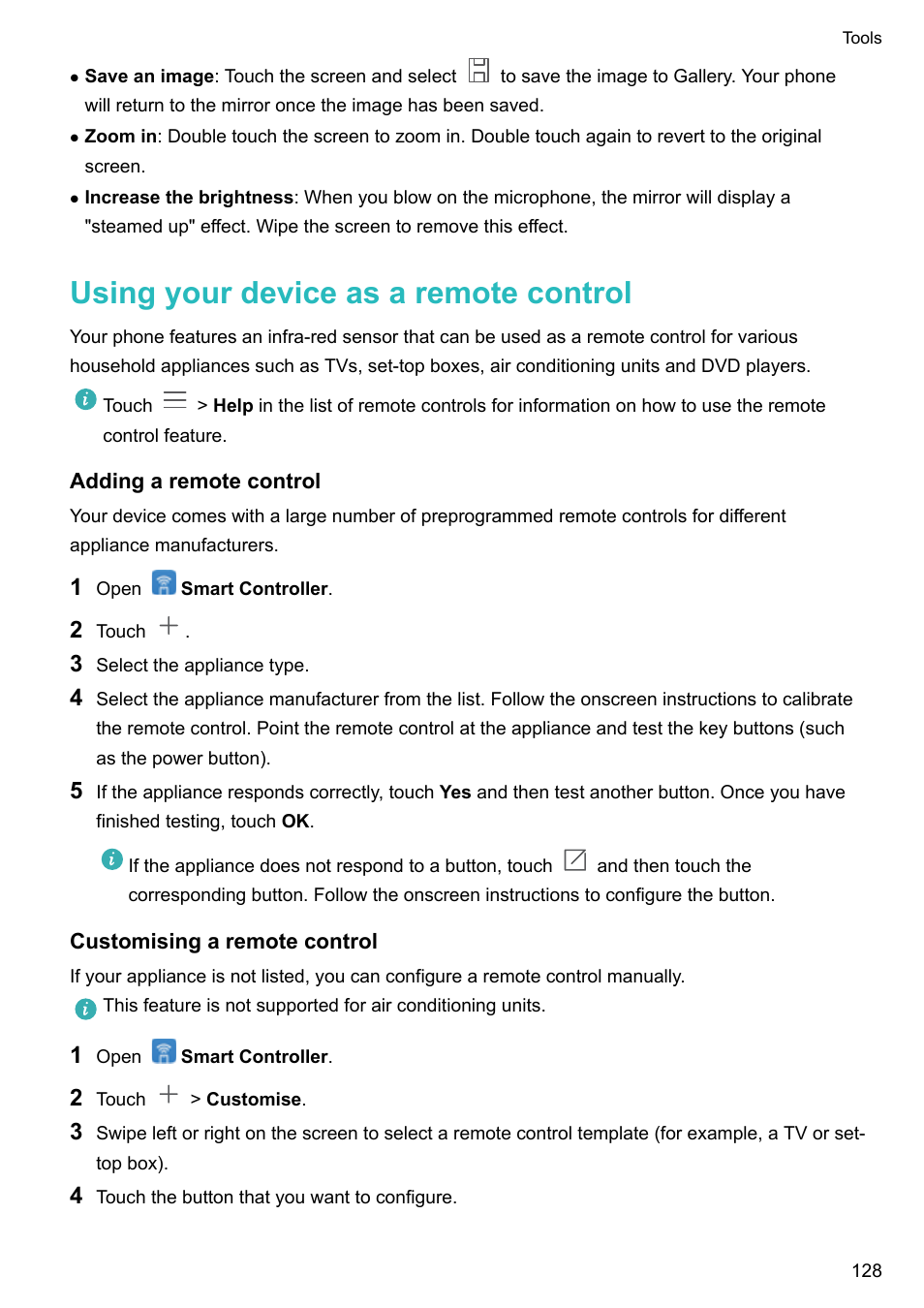 Using your device as a remote control, Adding a remote control, Customising a remote control | Honor 8 Pro User Manual | Page 134 / 155