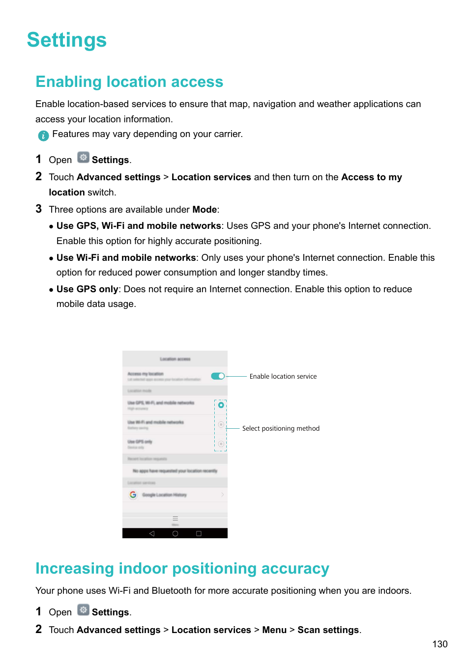 Settings, Enabling location access, Increasing indoor positioning accuracy | Honor 8 Pro User Manual | Page 136 / 155