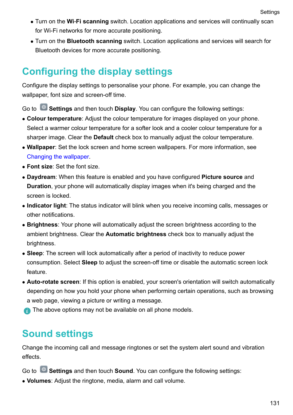 Configuring the display settings, Sound settings | Honor 8 Pro User Manual | Page 137 / 155