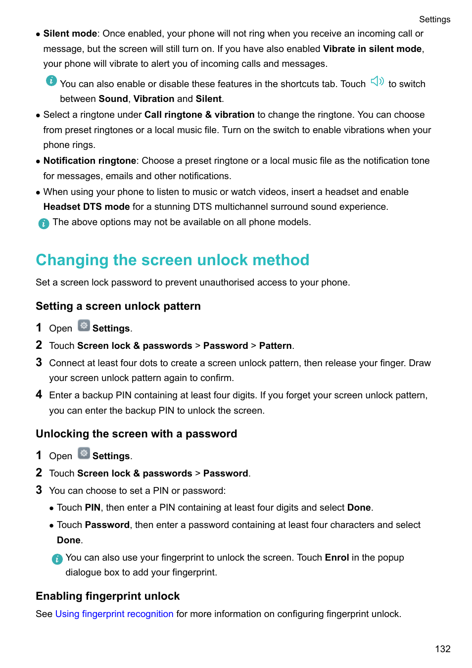 Changing the screen unlock method, Setting a screen unlock pattern, Unlocking the screen with a password | Enabling fingerprint unlock | Honor 8 Pro User Manual | Page 138 / 155