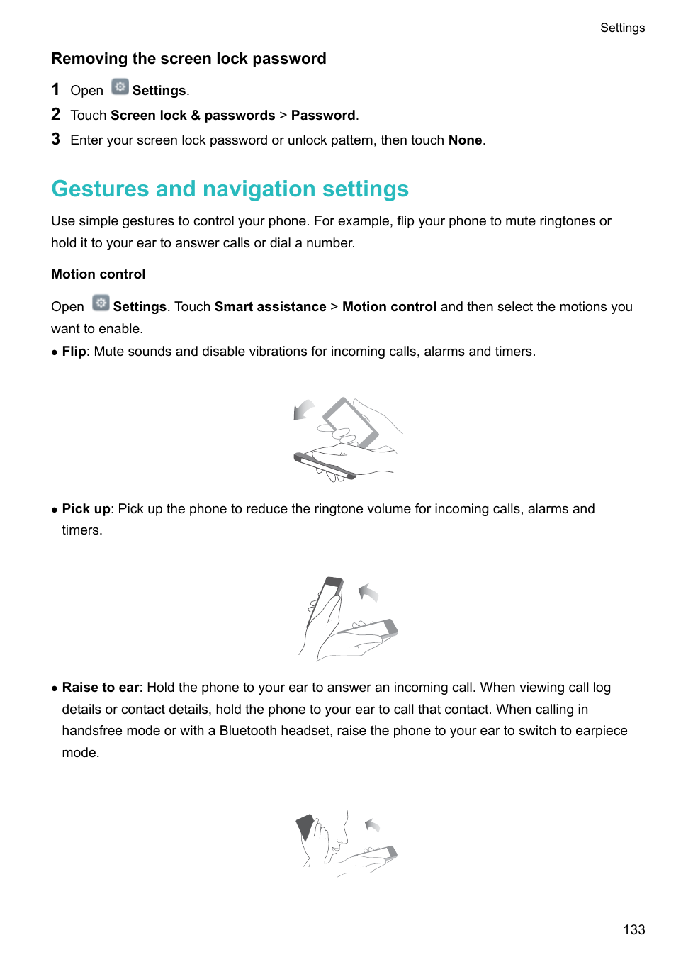 Removing the screen lock password, Gestures and navigation settings, Motion control | Honor 8 Pro User Manual | Page 139 / 155