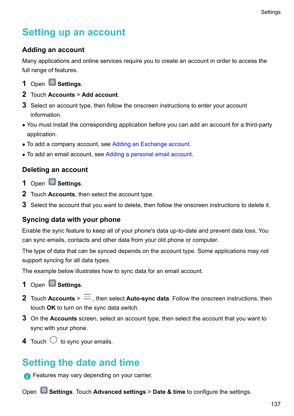 Setting up an account, Adding an account, Deleting an account | Syncing data with your phone, Setting the date and time | Honor 8 Pro User Manual | Page 143 / 155