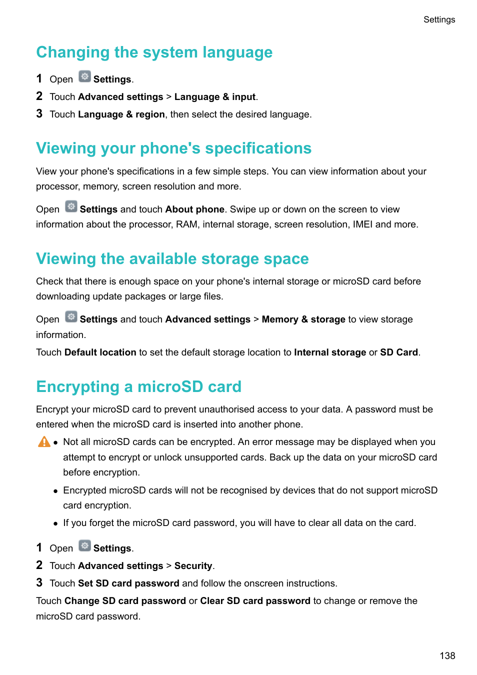 Changing the system language, Viewing your phone's specifications, Viewing the available storage space | Encrypting a microsd card | Honor 8 Pro User Manual | Page 144 / 155
