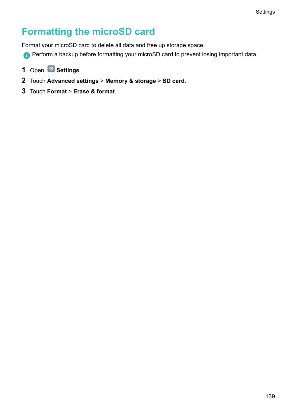 Formatting the microsd card | Honor 8 Pro User Manual | Page 145 / 155