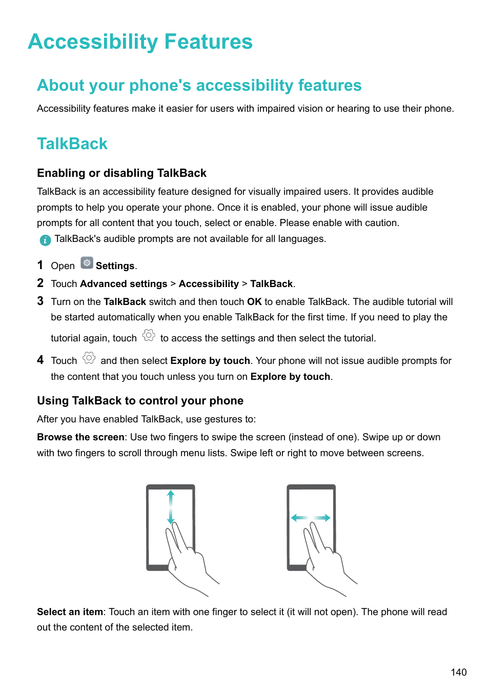 Accessibility features, About your phone's accessibility features, Talkback | Enabling or disabling talkback, Using talkback to control your phone | Honor 8 Pro User Manual | Page 146 / 155
