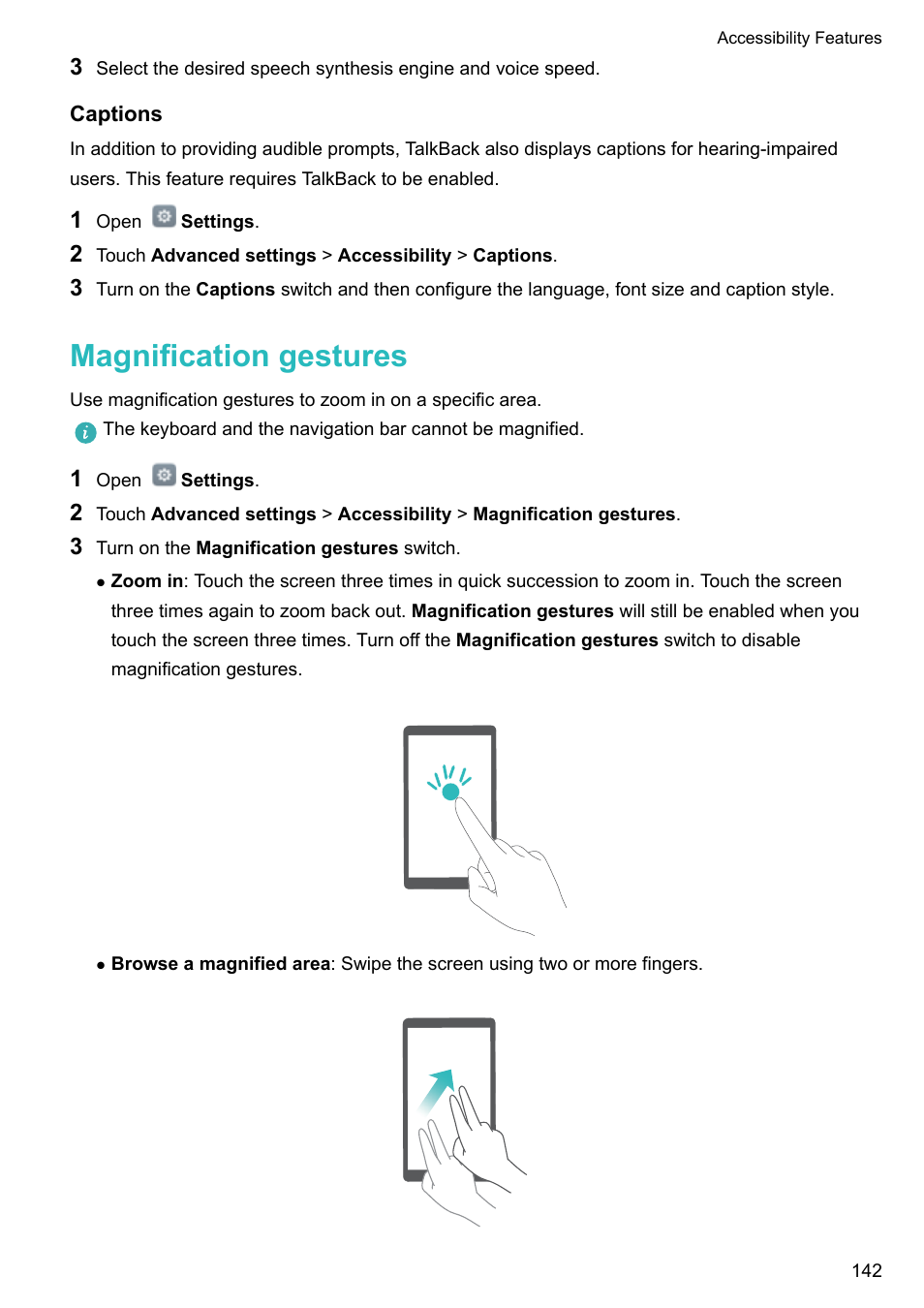 Captions, Magnification gestures | Honor 8 Pro User Manual | Page 148 / 155