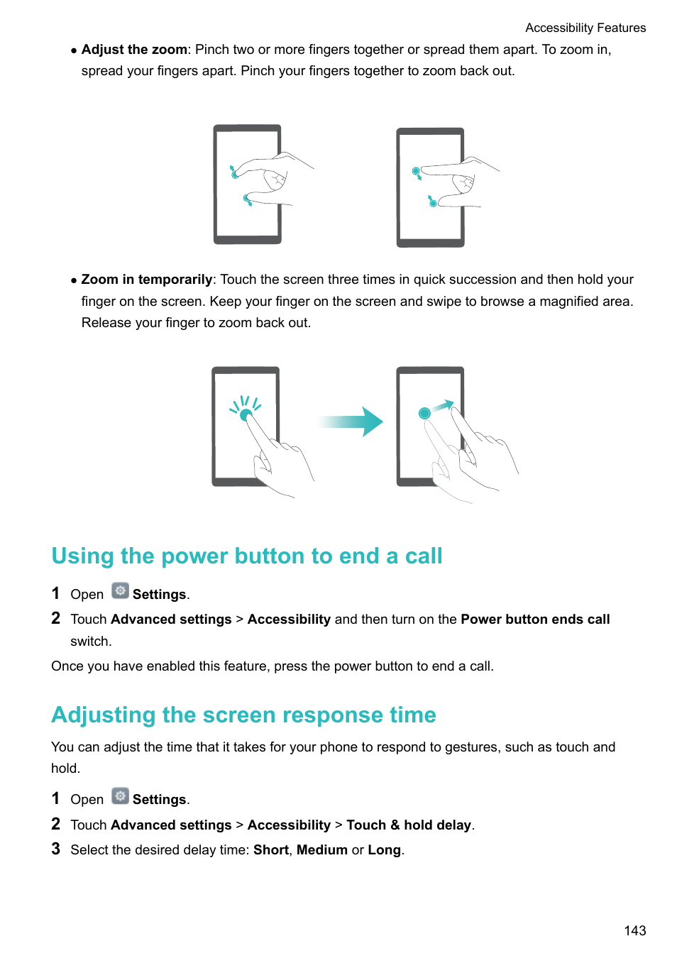 Using the power button to end a call, Adjusting the screen response time | Honor 8 Pro User Manual | Page 149 / 155