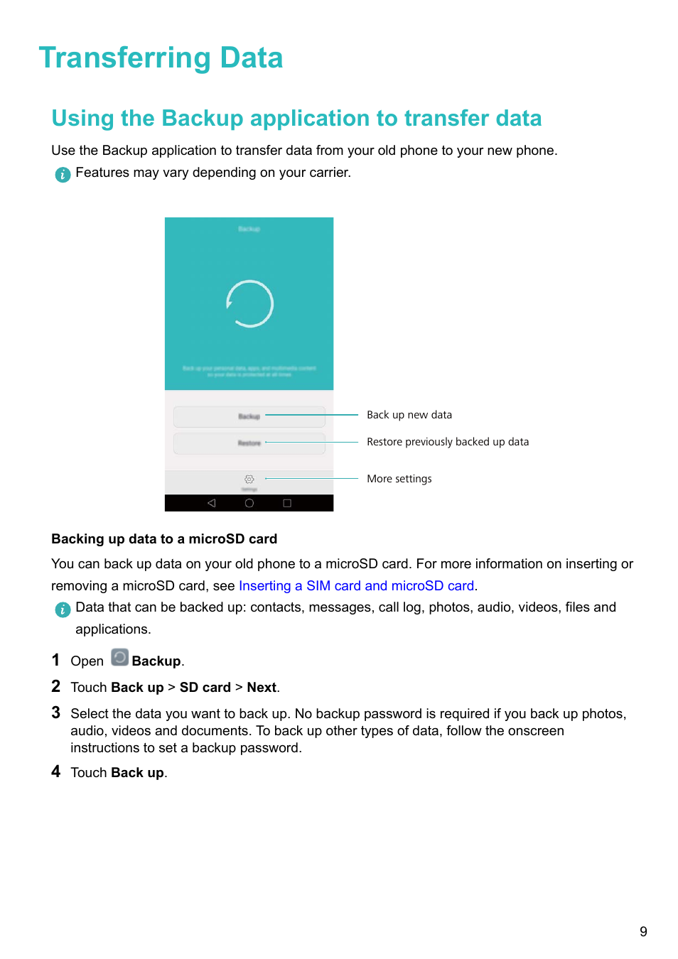 Transferring data, Using the backup application to transfer data, Backing up data to a microsd card | Honor 8 Pro User Manual | Page 15 / 155