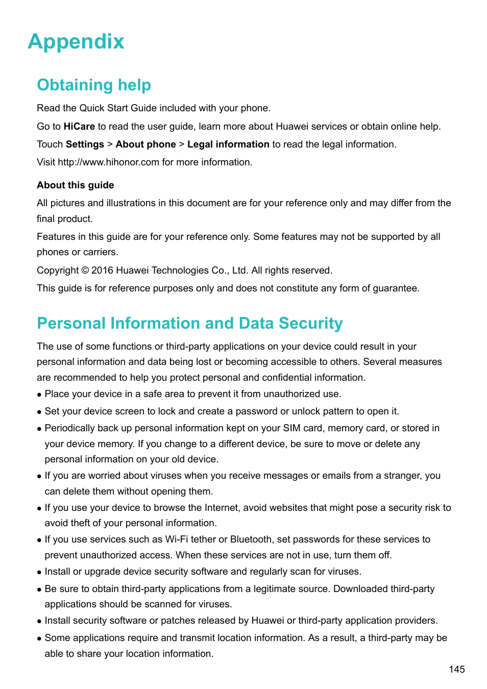 Appendix, Obtaining help, About this guide | Personal information and data security | Honor 8 Pro User Manual | Page 151 / 155