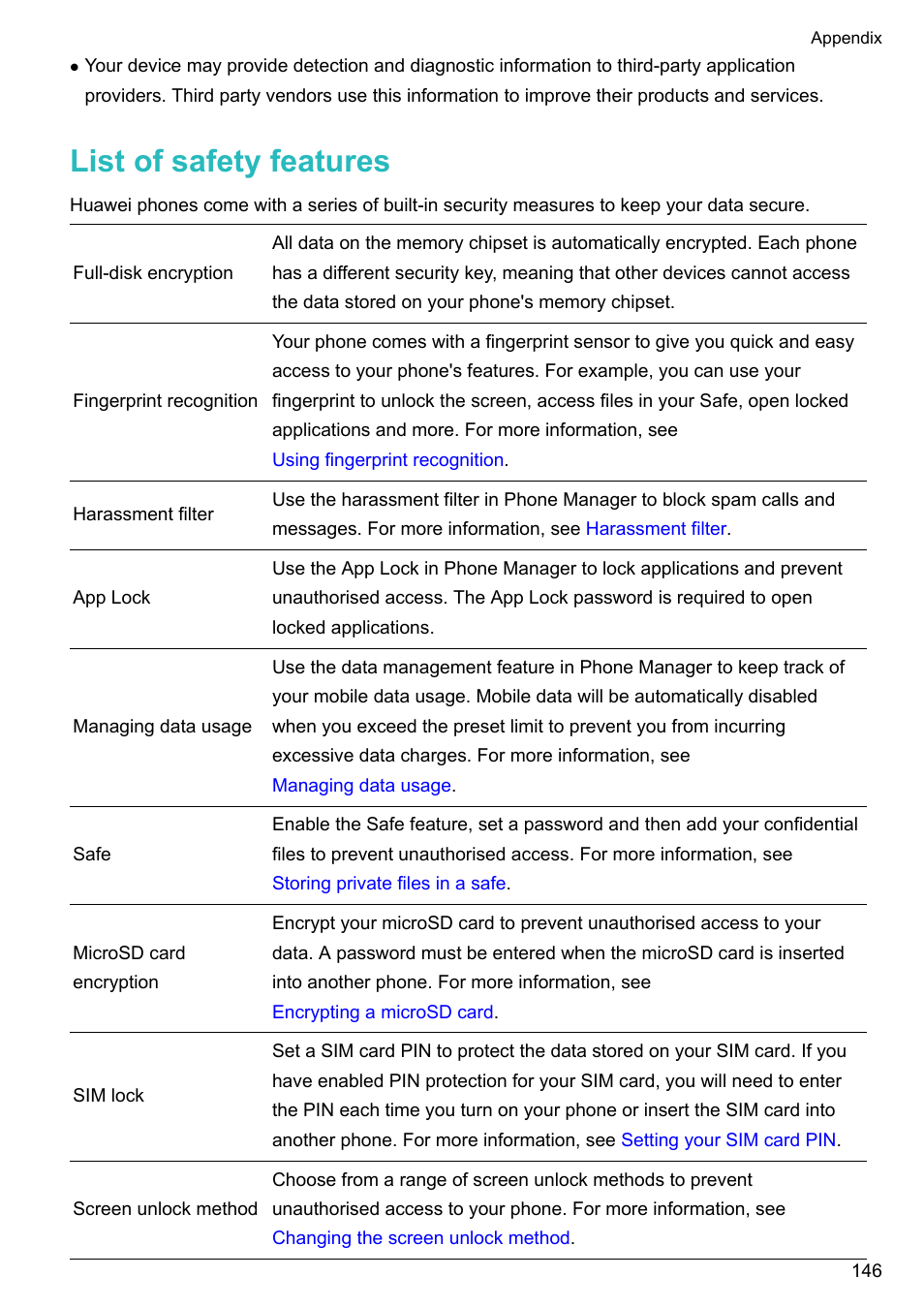 List of safety features | Honor 8 Pro User Manual | Page 152 / 155