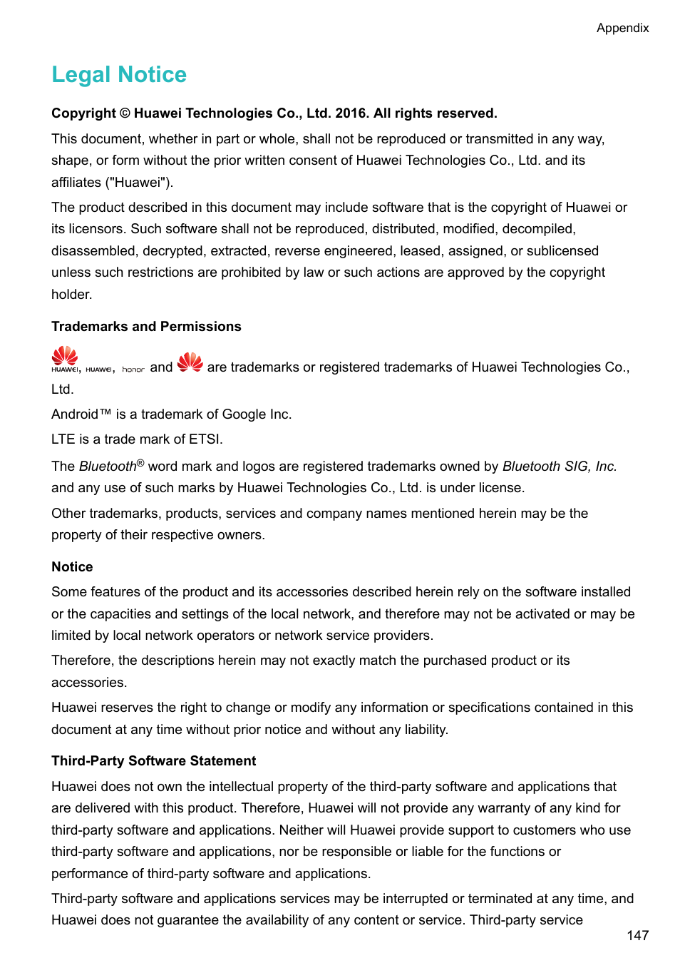 Legal notice, Trademarks and permissions, Notice | Third-party software statement | Honor 8 Pro User Manual | Page 153 / 155
