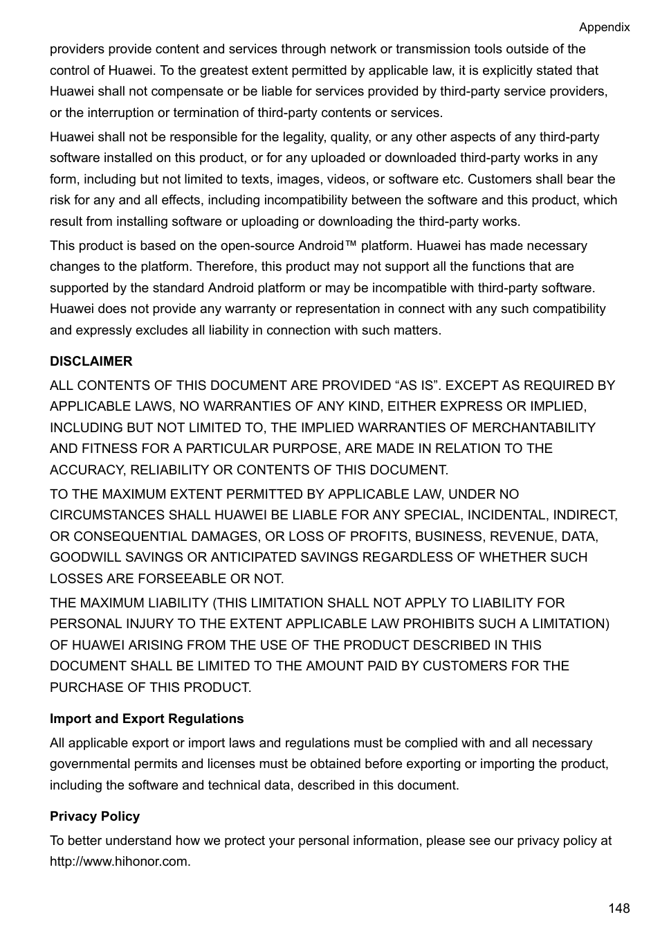 Disclaimer, Import and export regulations, Privacy policy | Honor 8 Pro User Manual | Page 154 / 155