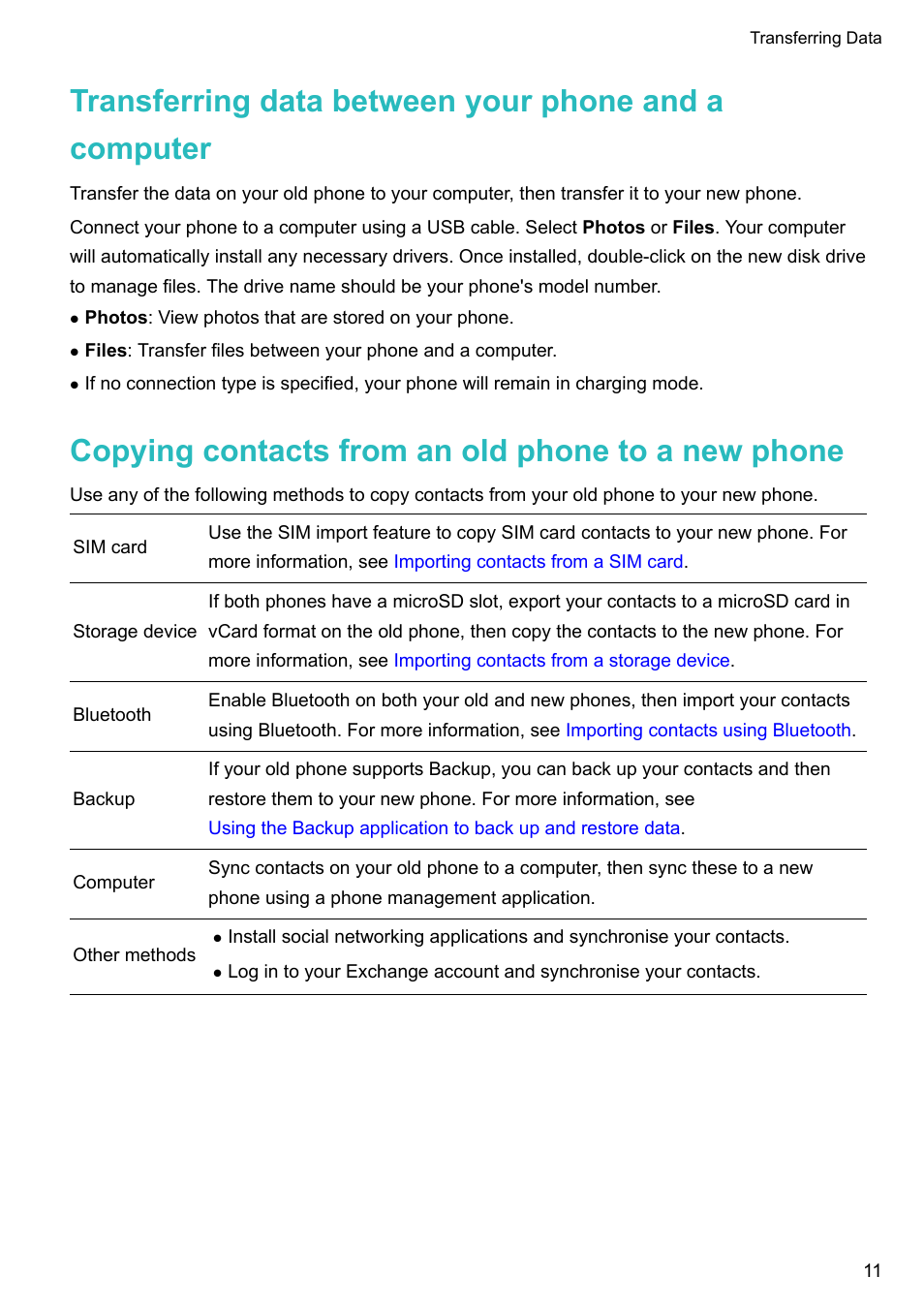 Copying contacts from an old phone to a new phone | Honor 8 Pro User Manual | Page 17 / 155