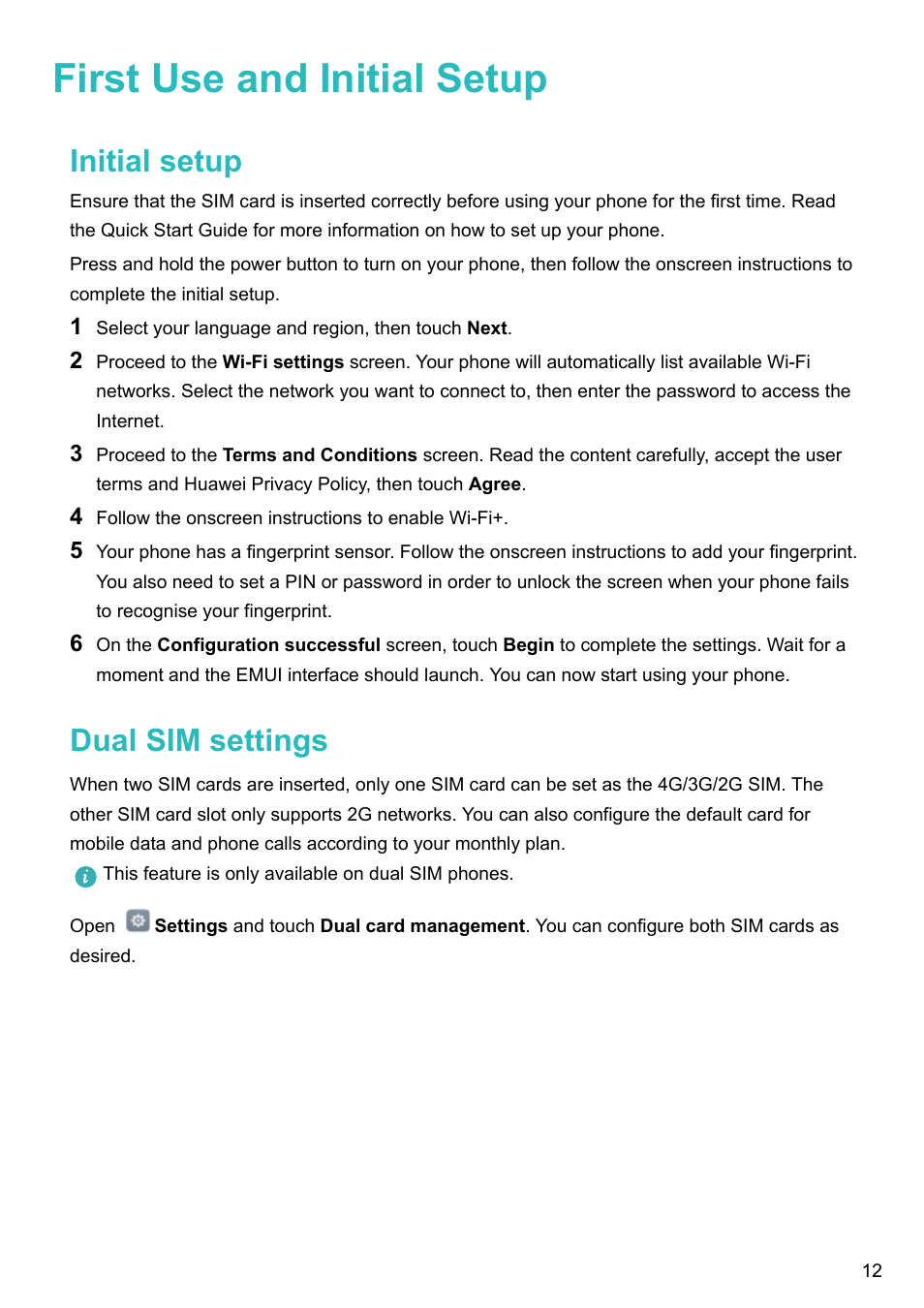 First use and initial setup, Initial setup, Dual sim settings | Honor 8 Pro User Manual | Page 18 / 155