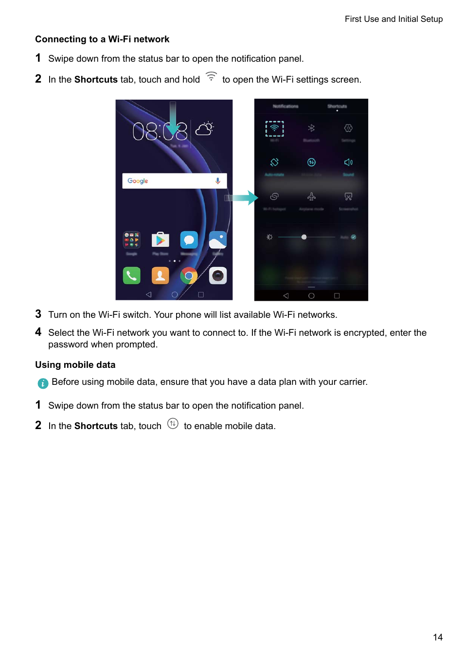 Connecting to a wi-fi network, Using mobile data | Honor 8 Pro User Manual | Page 20 / 155
