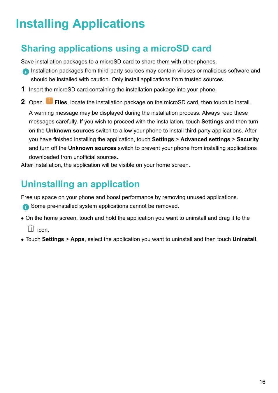 Installing applications, Sharing applications using a microsd card, Uninstalling an application | Honor 8 Pro User Manual | Page 22 / 155