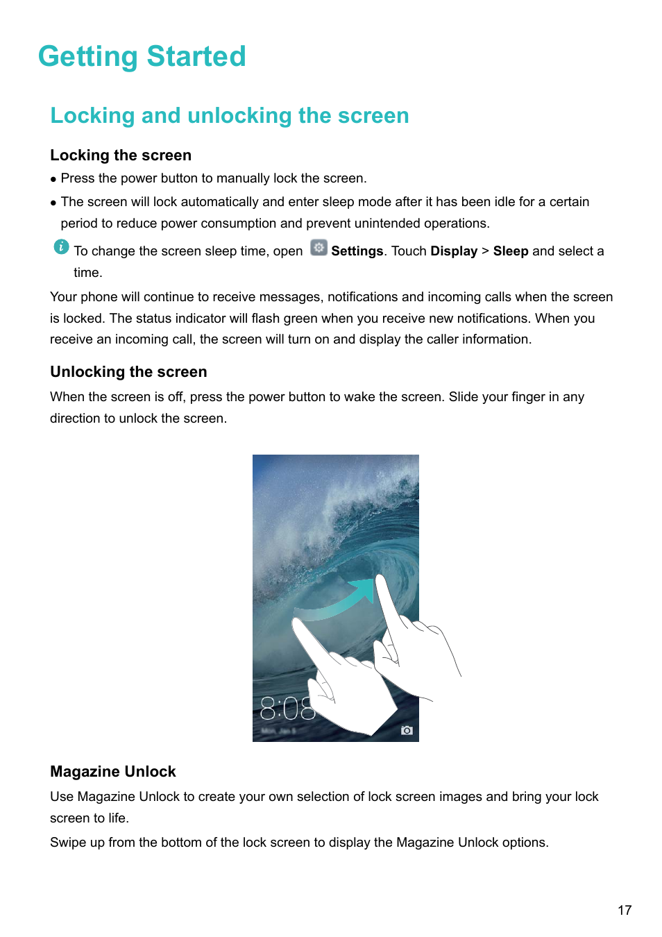 Getting started, Locking and unlocking the screen, Locking the screen | Unlocking the screen, Magazine unlock | Honor 8 Pro User Manual | Page 23 / 155