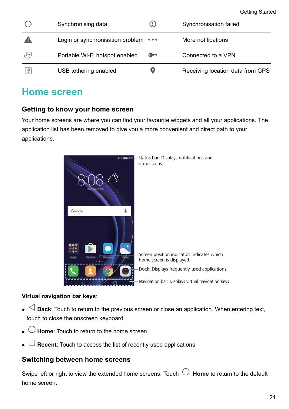 Home screen, Getting to know your home screen, Switching between home screens | Honor 8 Pro User Manual | Page 27 / 155