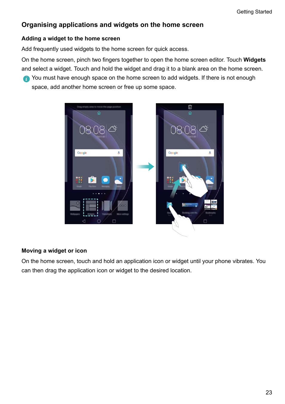 Adding a widget to the home screen, Moving a widget or icon | Honor 8 Pro User Manual | Page 29 / 155