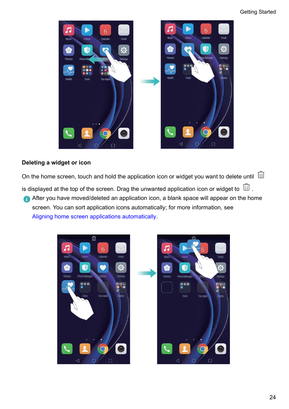 Deleting a widget or icon | Honor 8 Pro User Manual | Page 30 / 155