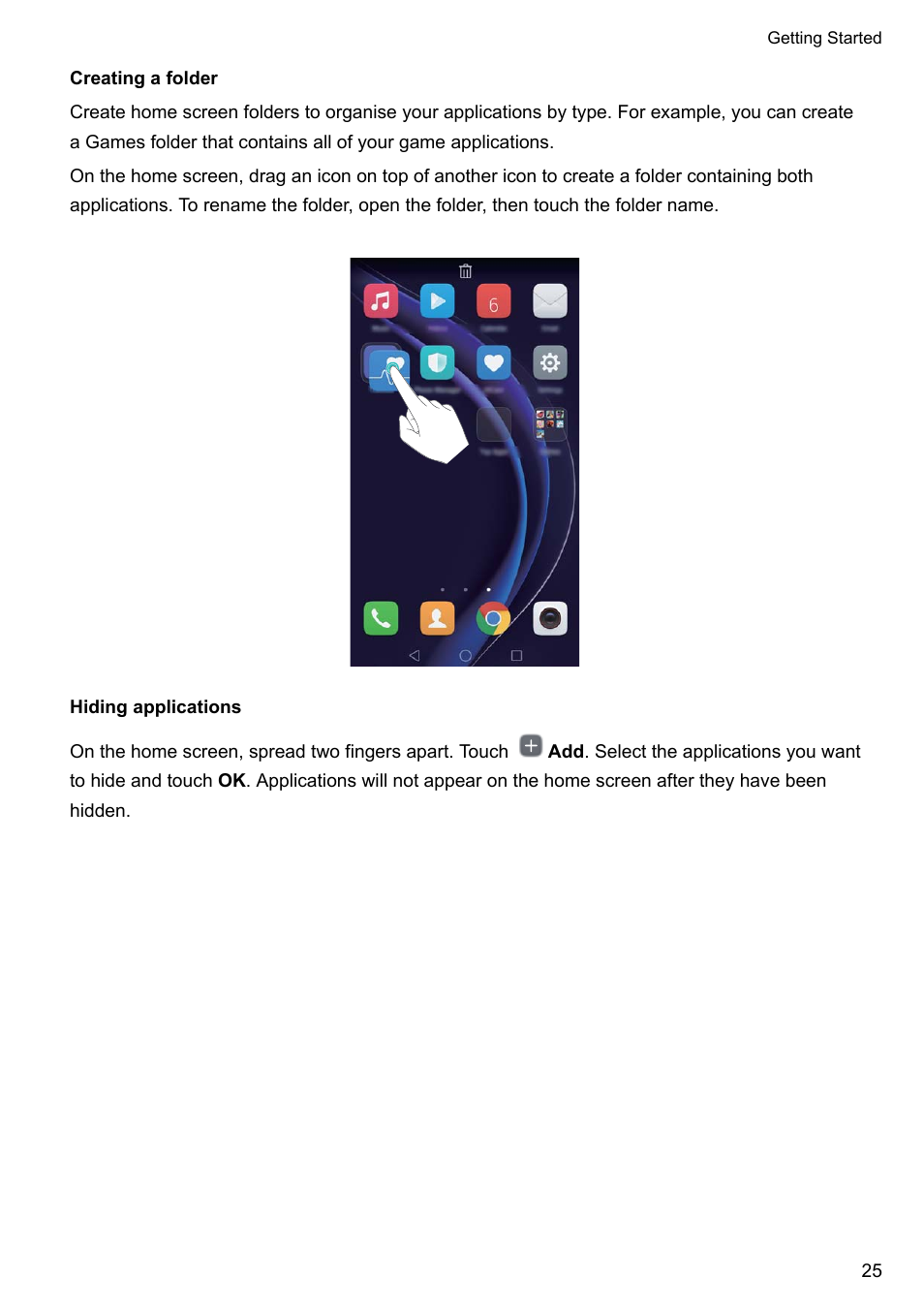 Creating a folder, Hiding applications | Honor 8 Pro User Manual | Page 31 / 155