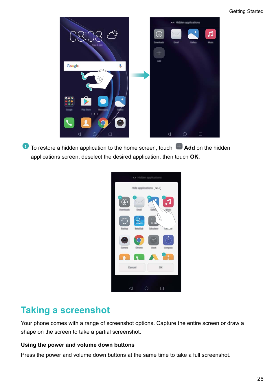 Taking a screenshot, Using the power and volume down buttons | Honor 8 Pro User Manual | Page 32 / 155