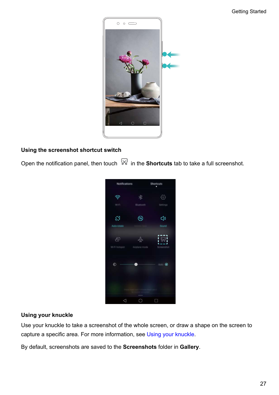 Using the screenshot shortcut switch, Using your knuckle | Honor 8 Pro User Manual | Page 33 / 155