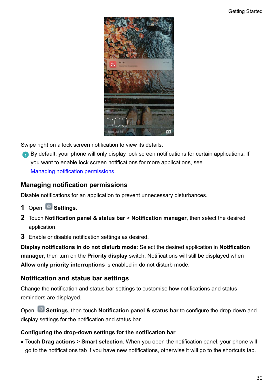 Managing notification permissions, Notification and status bar settings | Honor 8 Pro User Manual | Page 36 / 155