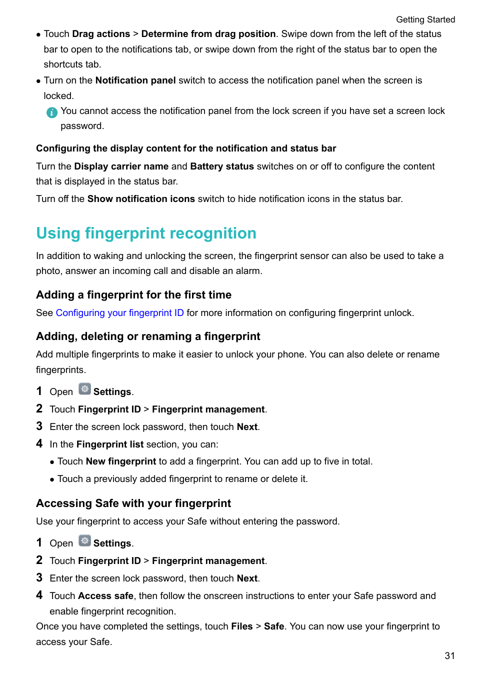 Using fingerprint recognition, Adding a fingerprint for the first time, Adding, deleting or renaming a fingerprint | Accessing safe with your fingerprint | Honor 8 Pro User Manual | Page 37 / 155