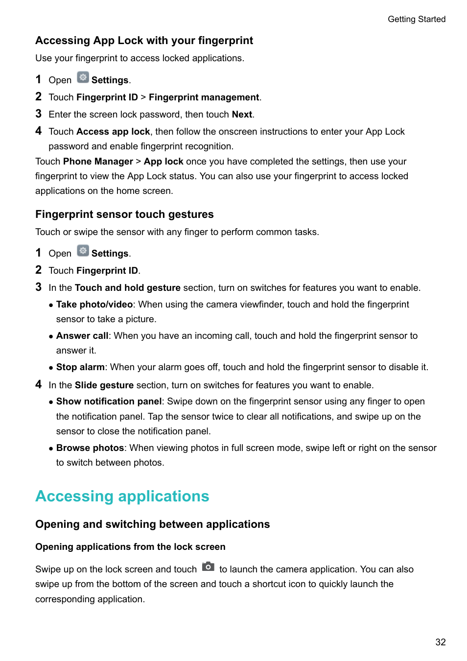 Accessing app lock with your fingerprint, Fingerprint sensor touch gestures, Accessing applications | Opening and switching between applications, Opening applications from the lock screen | Honor 8 Pro User Manual | Page 38 / 155