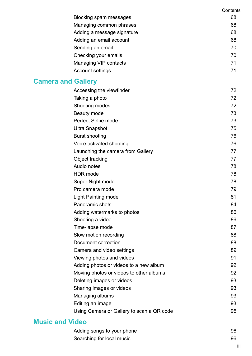 Camera and gallery, Music and video | Honor 8 Pro User Manual | Page 4 / 155