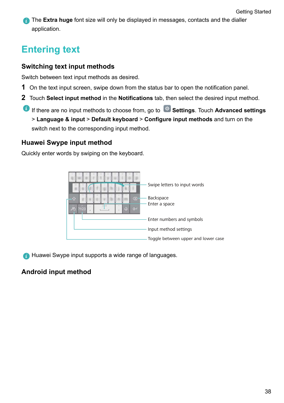 Entering text, Switching text input methods, Huawei swype input method | Android input method | Honor 8 Pro User Manual | Page 44 / 155