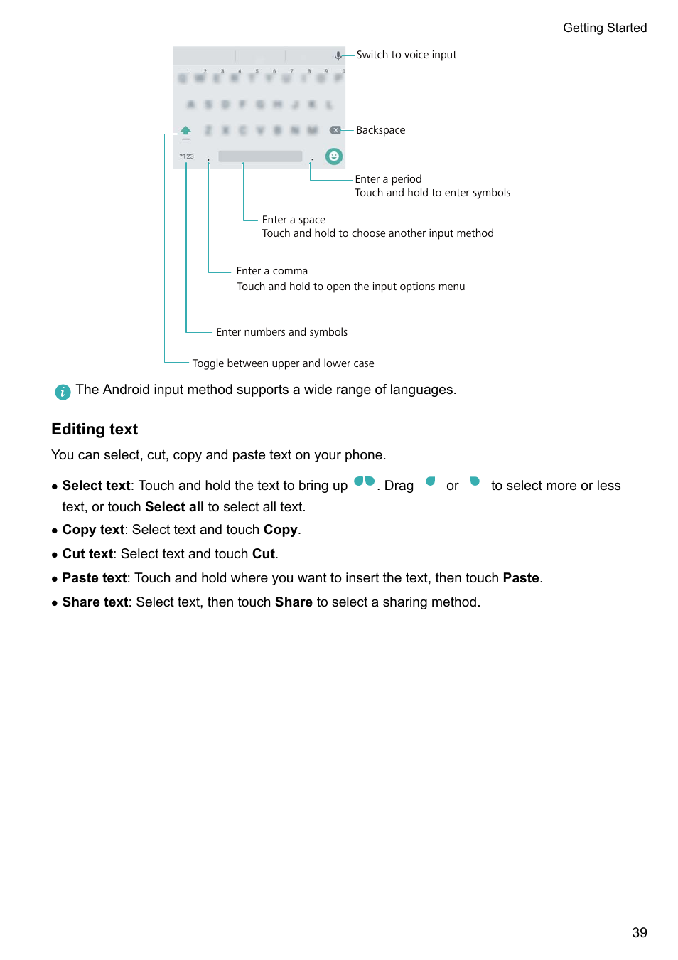 Editing text | Honor 8 Pro User Manual | Page 45 / 155