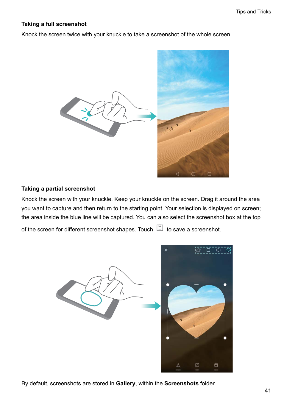 Taking a full screenshot, Taking a partial screenshot | Honor 8 Pro User Manual | Page 47 / 155