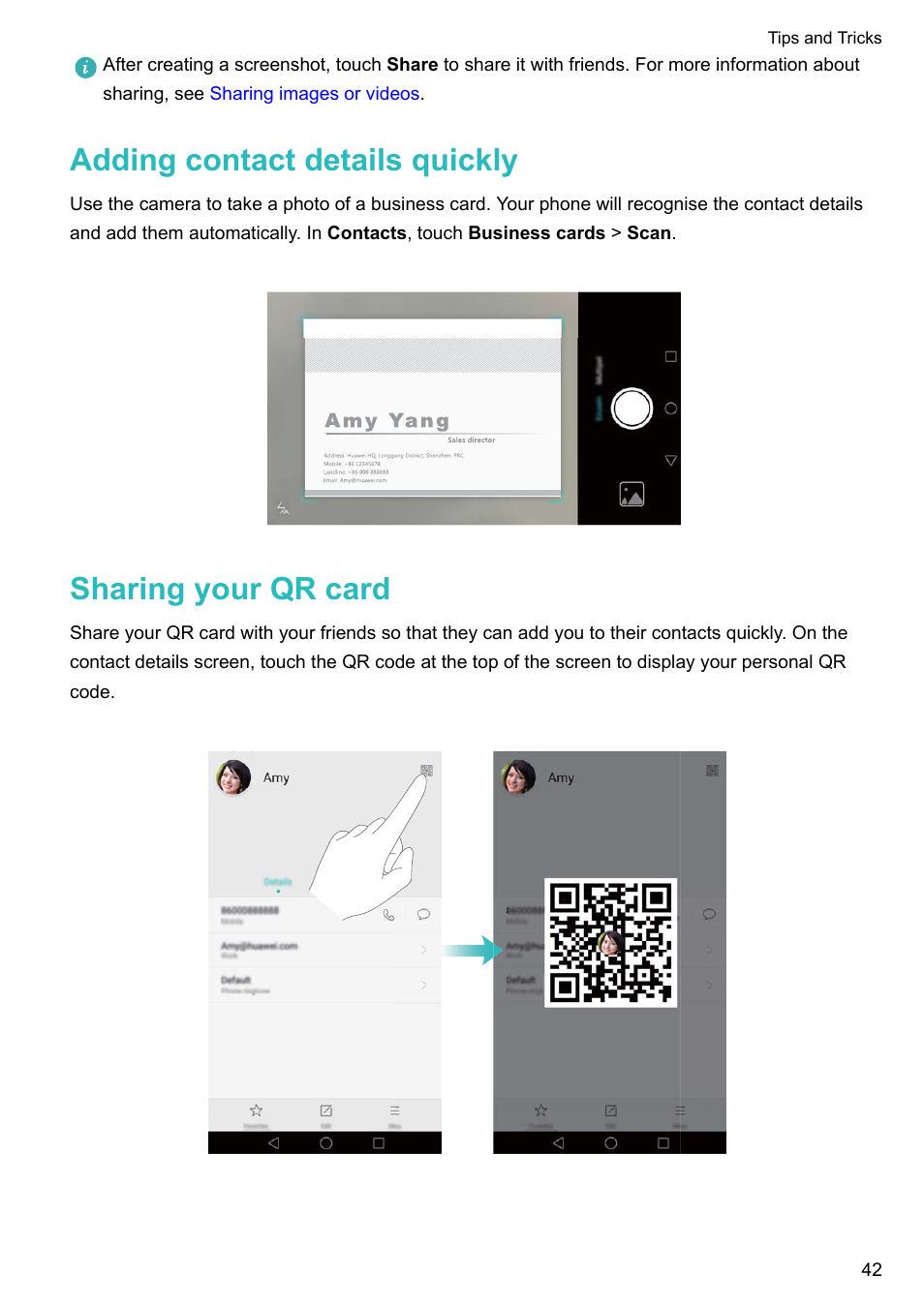 Adding contact details quickly, Sharing your qr card | Honor 8 Pro User Manual | Page 48 / 155