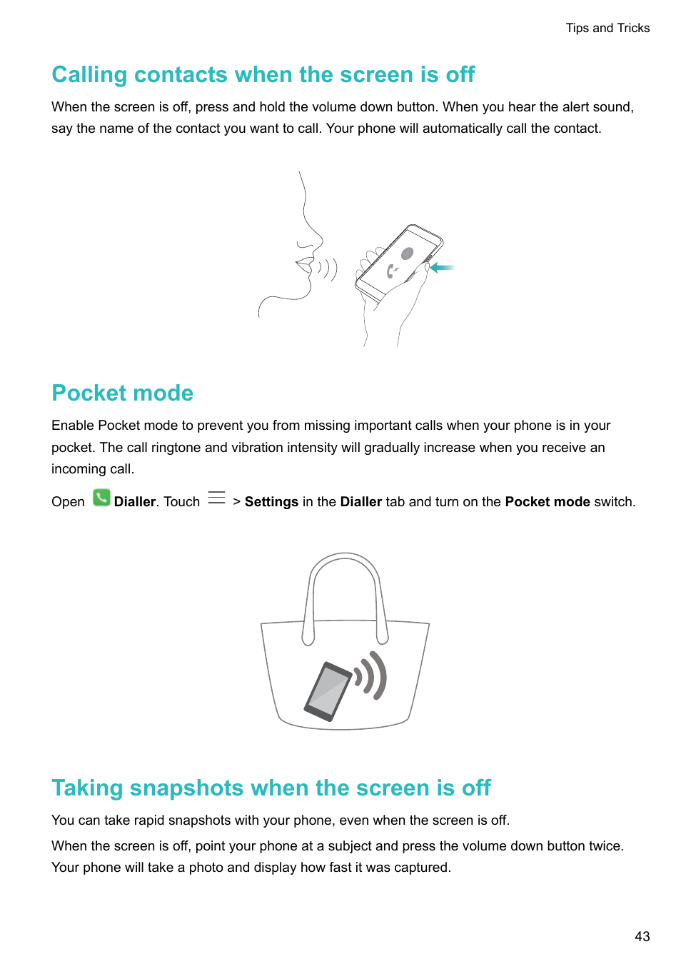 Calling contacts when the screen is off, Pocket mode, Taking snapshots when the screen is off | Honor 8 Pro User Manual | Page 49 / 155