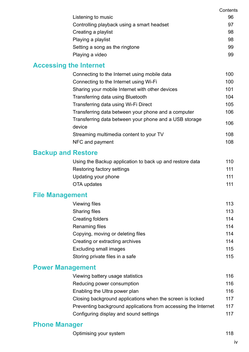 Accessing the internet, Backup and restore, File management | Power management, Phone manager | Honor 8 Pro User Manual | Page 5 / 155