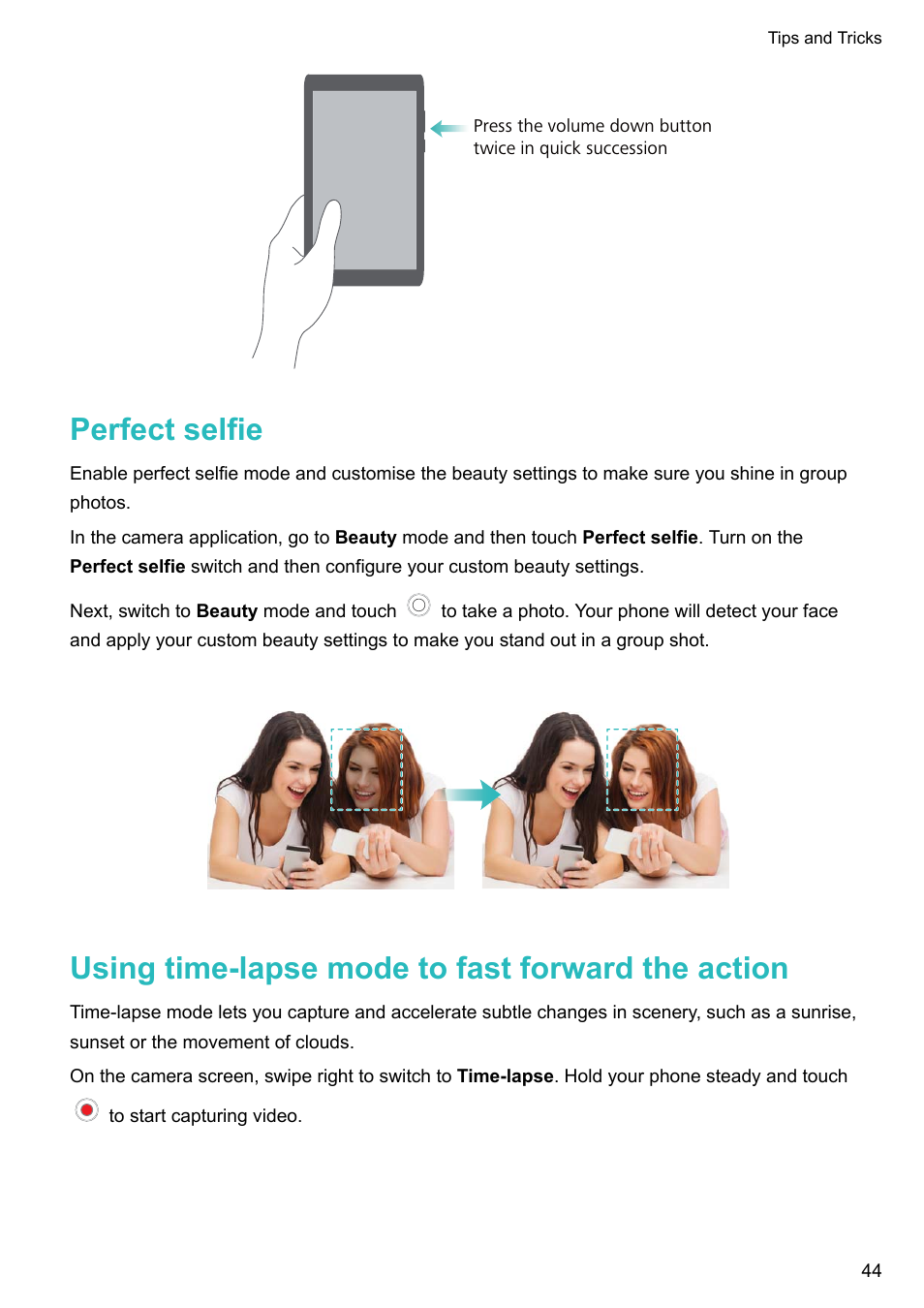 Perfect selfie, Using time-lapse mode to fast forward the action | Honor 8 Pro User Manual | Page 50 / 155
