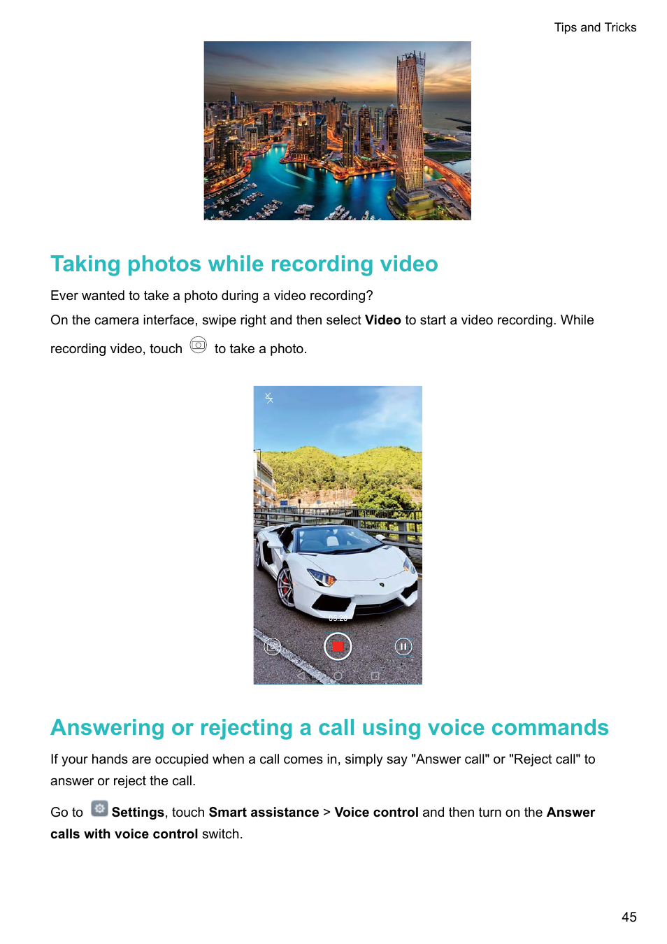 Taking photos while recording video, Answering or rejecting a call using voice commands | Honor 8 Pro User Manual | Page 51 / 155