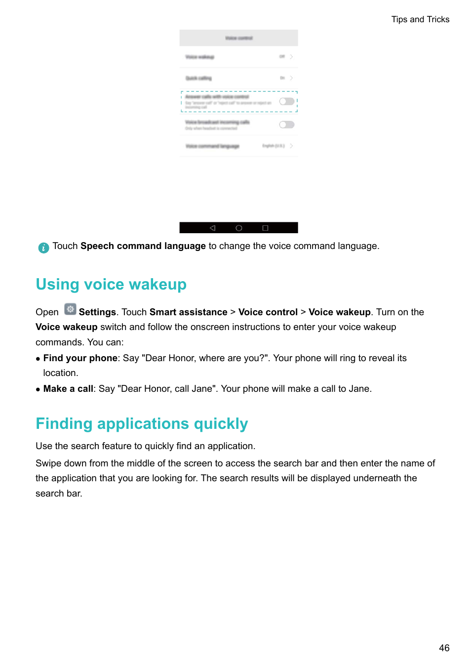 Using voice wakeup, Finding applications quickly | Honor 8 Pro User Manual | Page 52 / 155