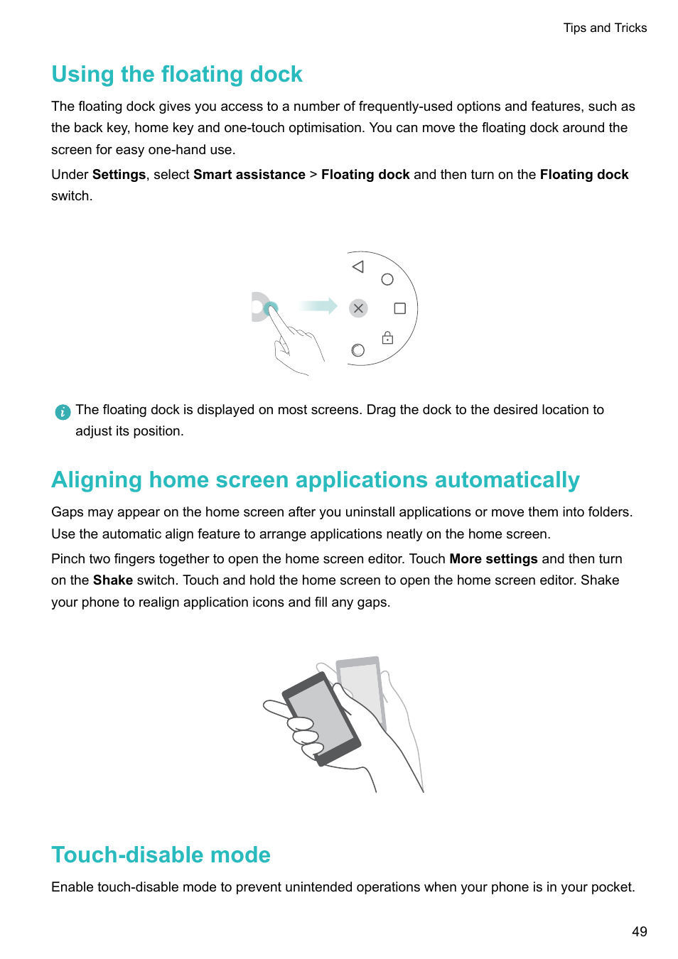 Using the floating dock, Aligning home screen applications automatically, Touch-disable mode | Honor 8 Pro User Manual | Page 55 / 155