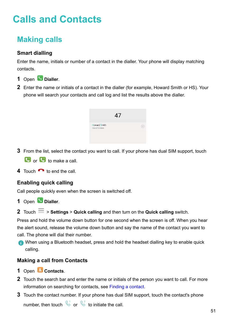 Calls and contacts, Making calls, Smart dialling | Enabling quick calling, Making a call from contacts | Honor 8 Pro User Manual | Page 57 / 155