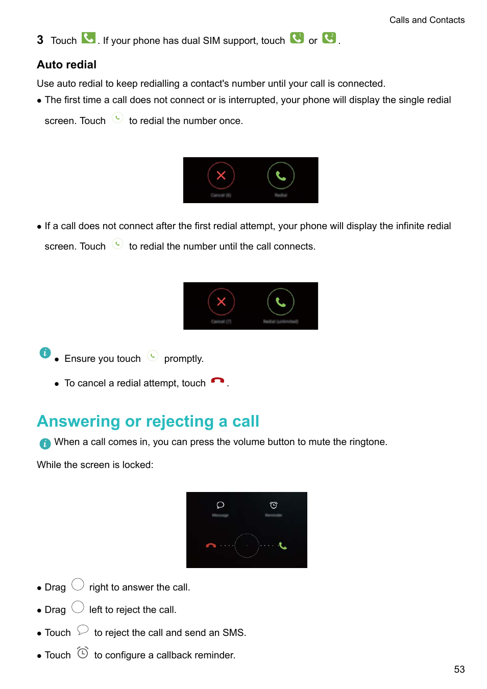 Auto redial, Answering or rejecting a call | Honor 8 Pro User Manual | Page 59 / 155