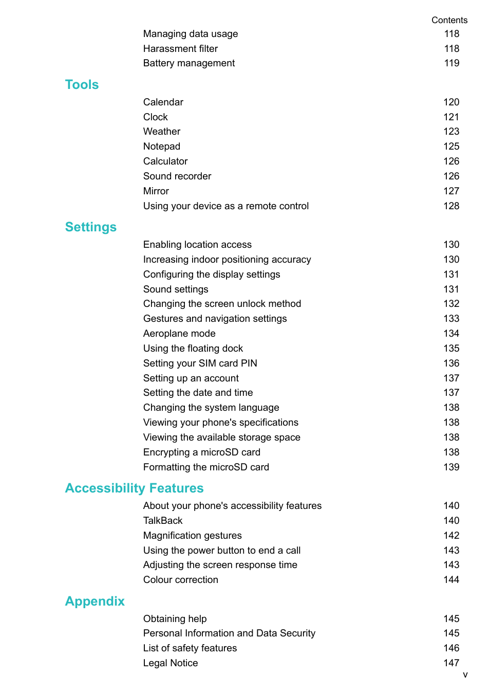 Tools, Settings, Accessibility features | Appendix | Honor 8 Pro User Manual | Page 6 / 155