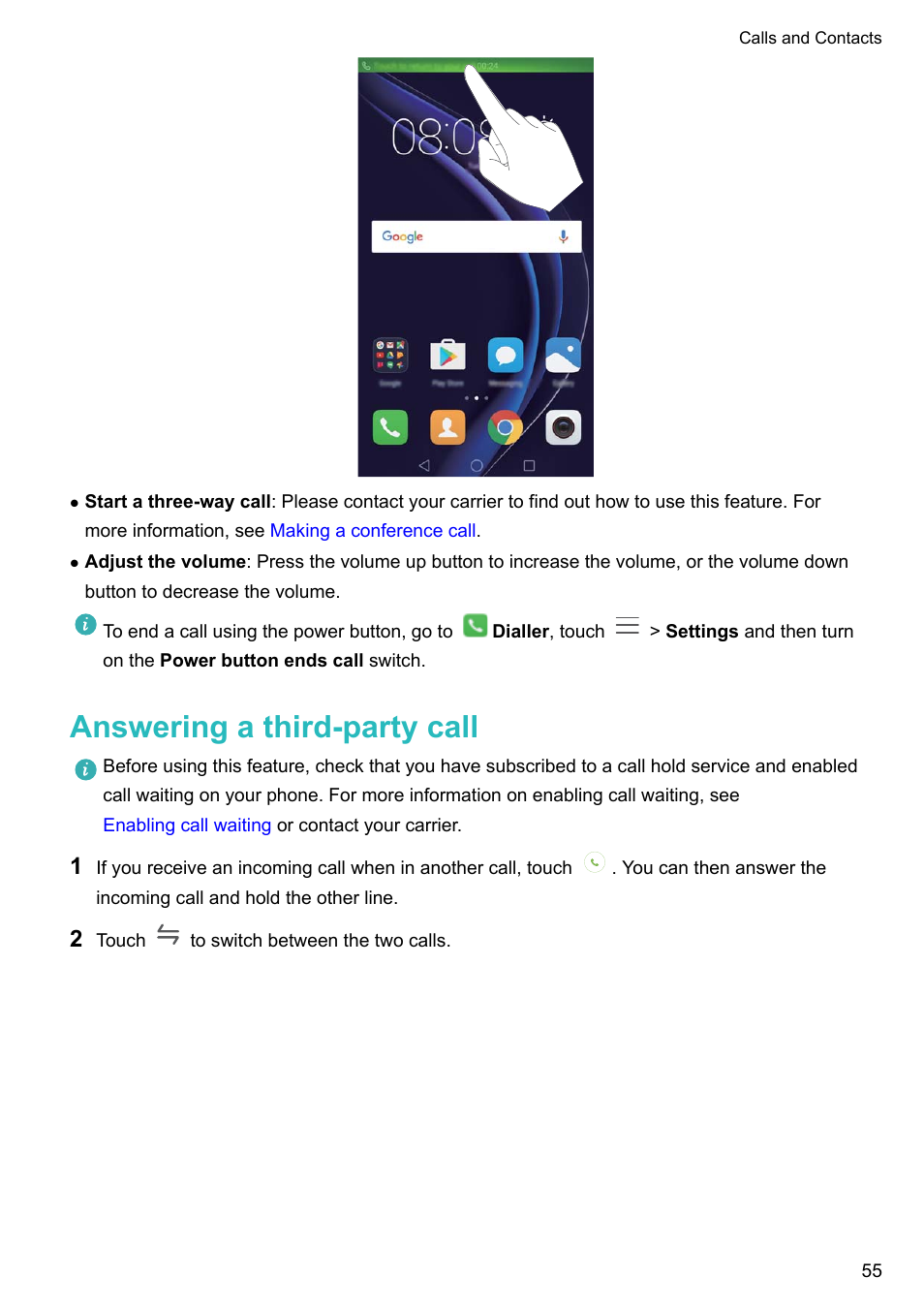 Answering a third-party call | Honor 8 Pro User Manual | Page 61 / 155