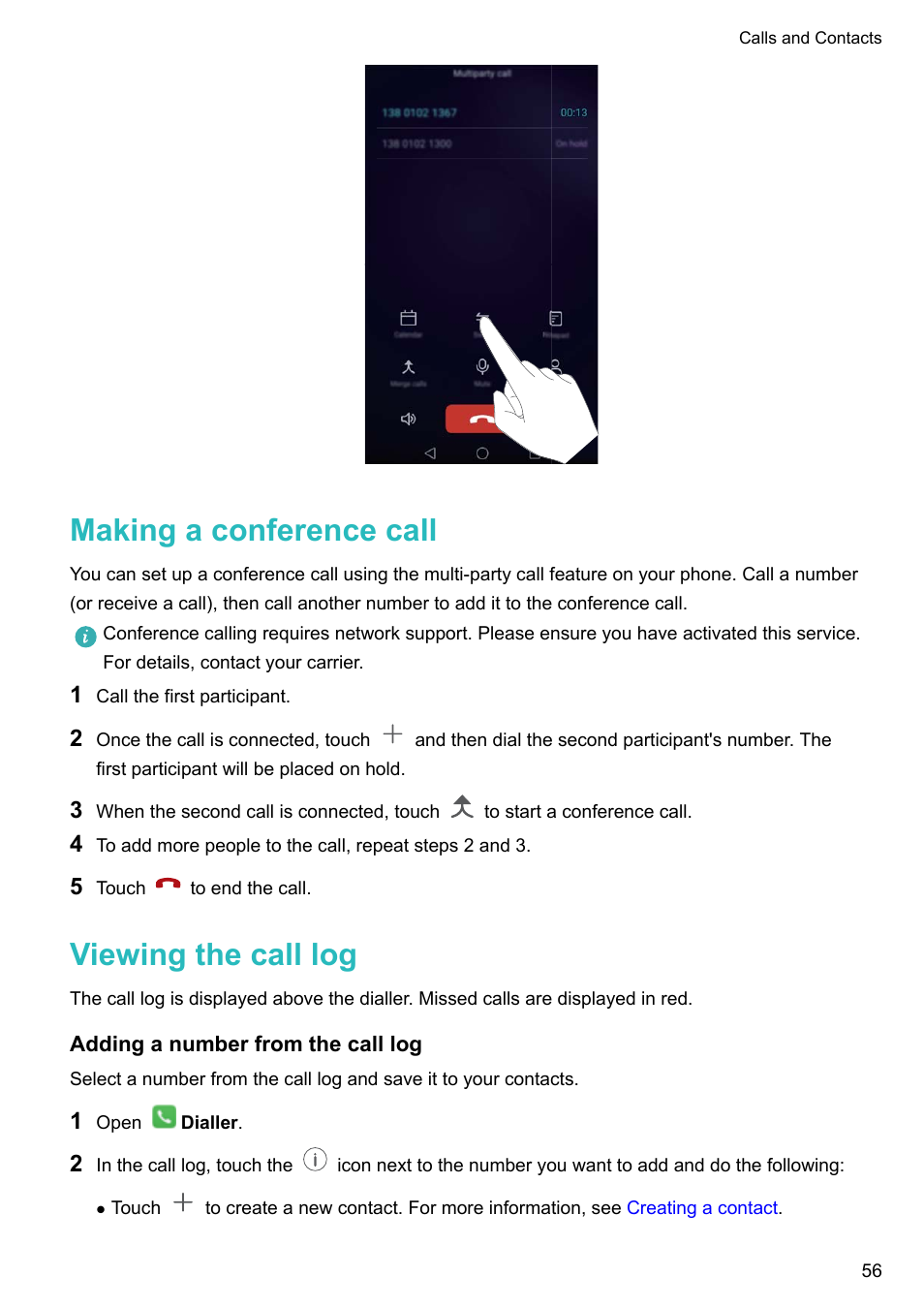 Making a conference call, Viewing the call log, Adding a number from the call log | Honor 8 Pro User Manual | Page 62 / 155
