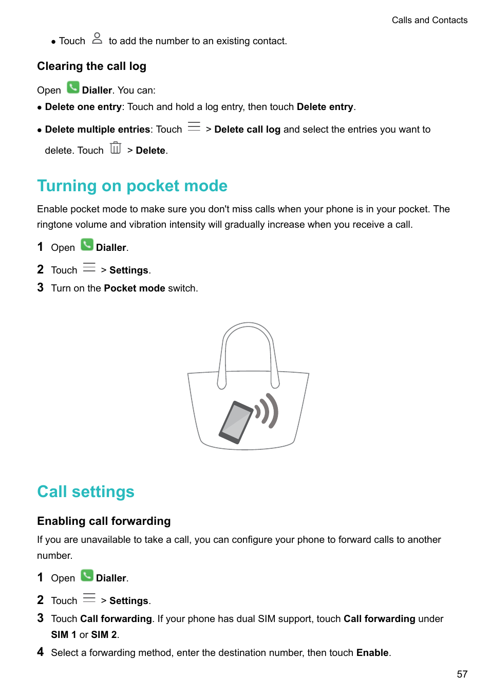 Clearing the call log, Turning on pocket mode, Call settings | Enabling call forwarding | Honor 8 Pro User Manual | Page 63 / 155