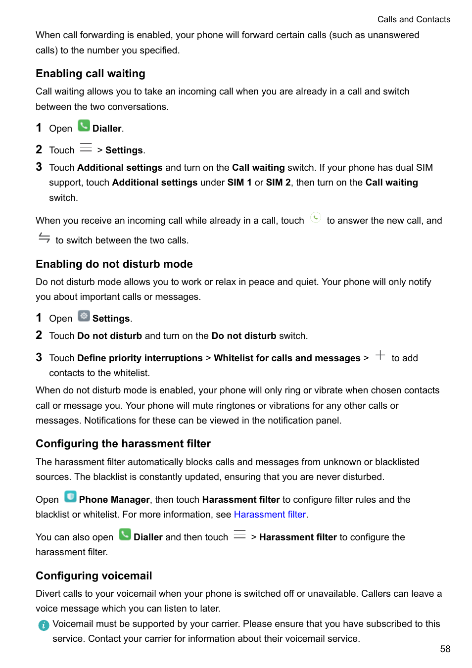 Enabling call waiting, Enabling do not disturb mode, Configuring the harassment filter | Configuring voicemail, Or contact your carrier | Honor 8 Pro User Manual | Page 64 / 155