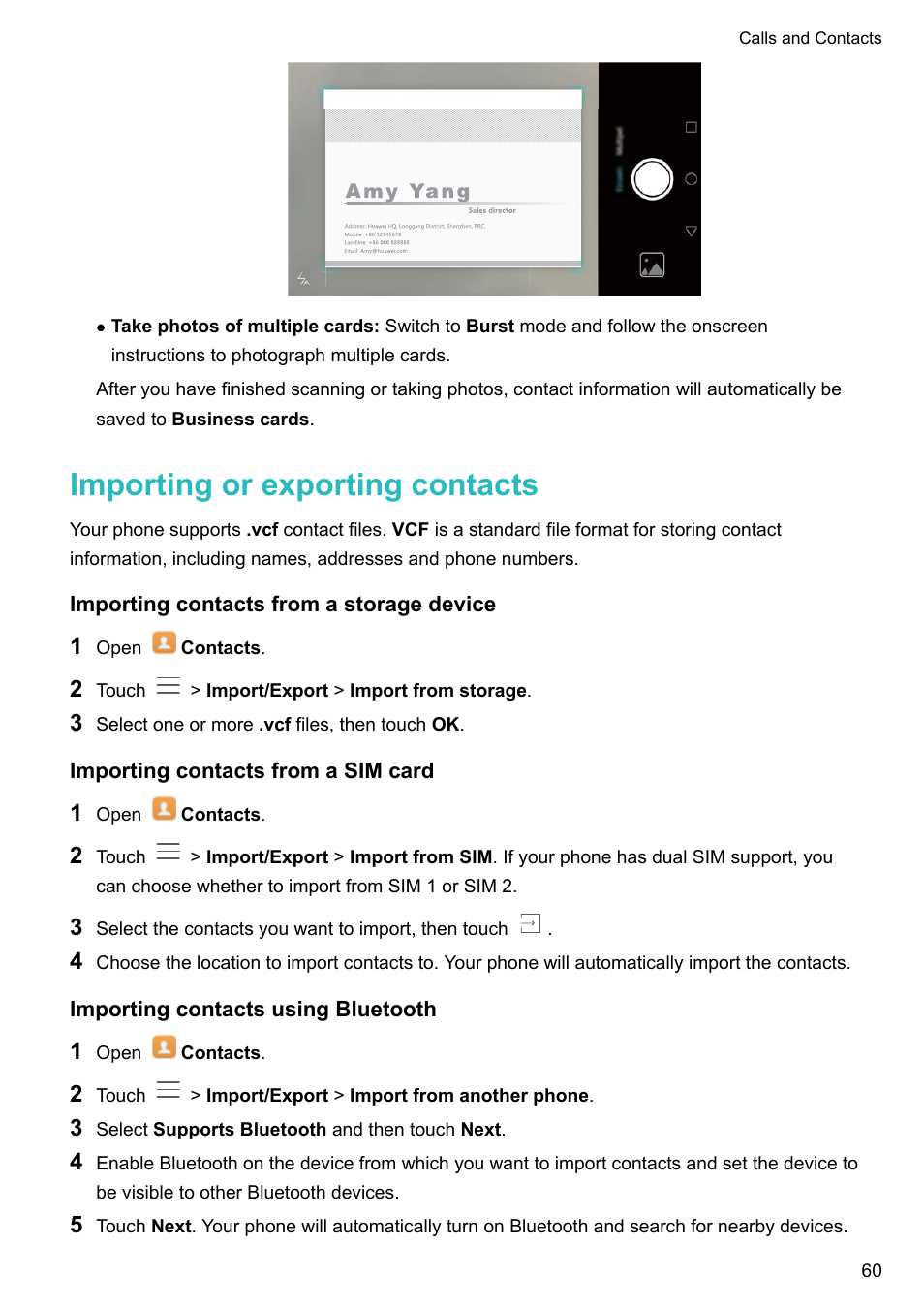 Importing or exporting contacts, Importing contacts from a storage device, Importing contacts from a sim card | Importing contacts using bluetooth | Honor 8 Pro User Manual | Page 66 / 155