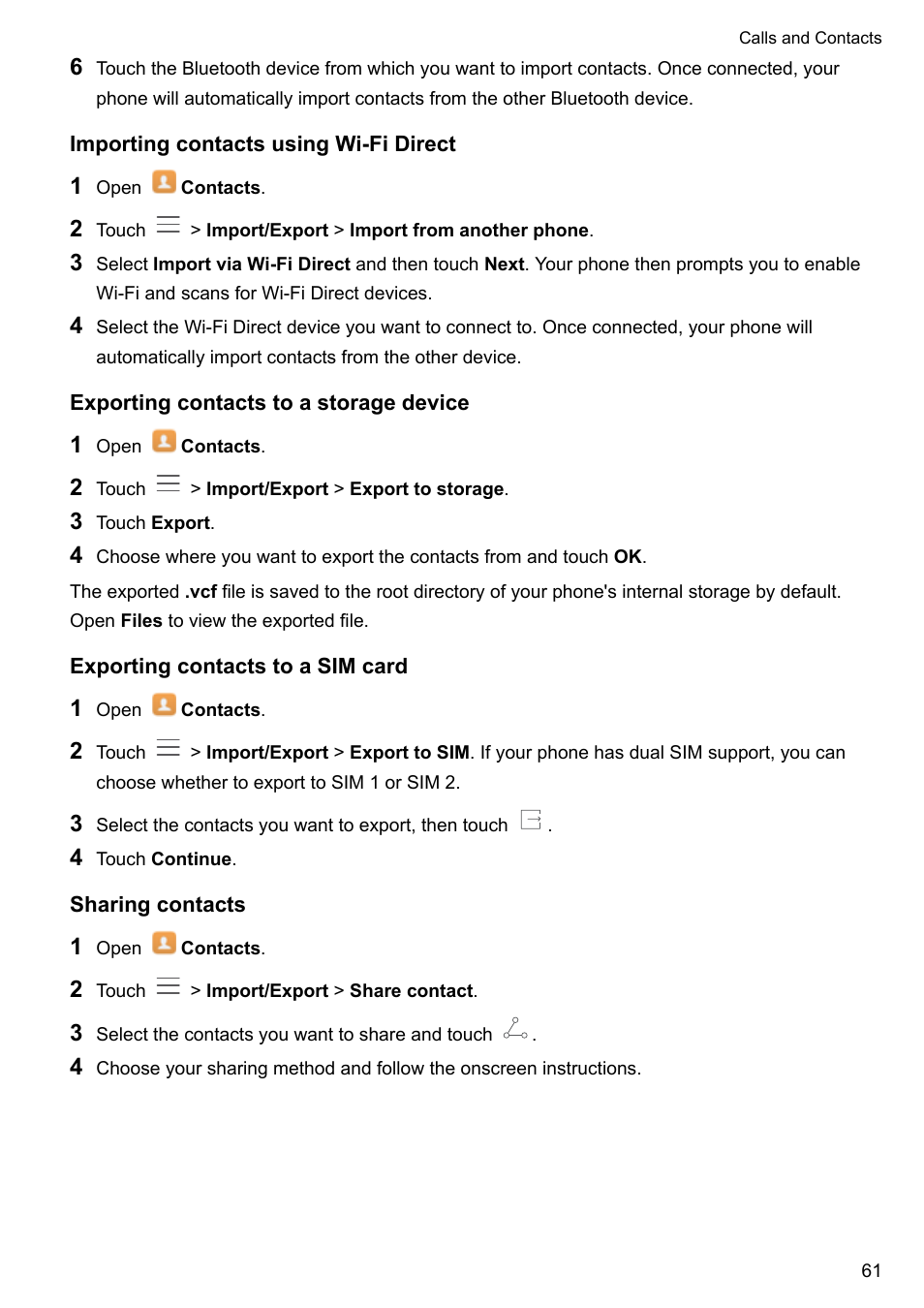 Importing contacts using wi-fi direct, Exporting contacts to a storage device, Exporting contacts to a sim card | Sharing contacts | Honor 8 Pro User Manual | Page 67 / 155